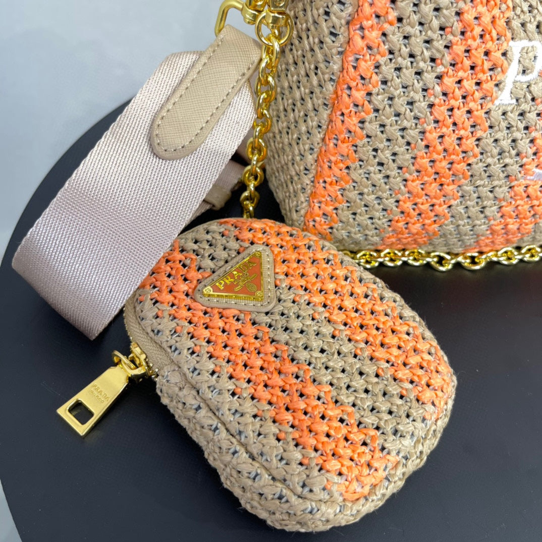 PRA HOBO BAG 23 IN BEIGE MIX ORANGE RAFFIA WITH WHITE LOGO GOLD HARDWARE