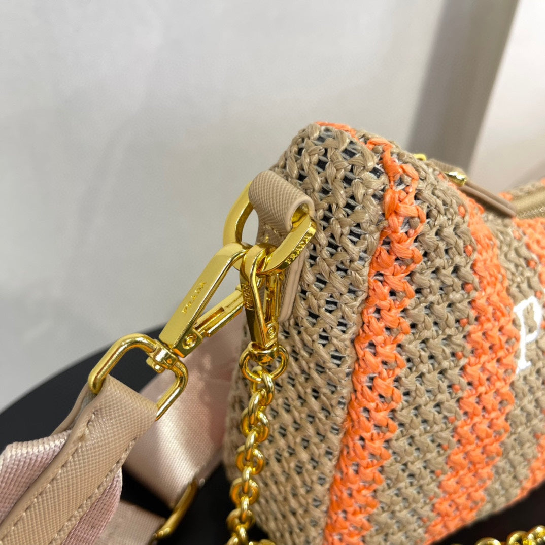 PRA HOBO BAG 23 IN BEIGE MIX ORANGE RAFFIA WITH WHITE LOGO GOLD HARDWARE