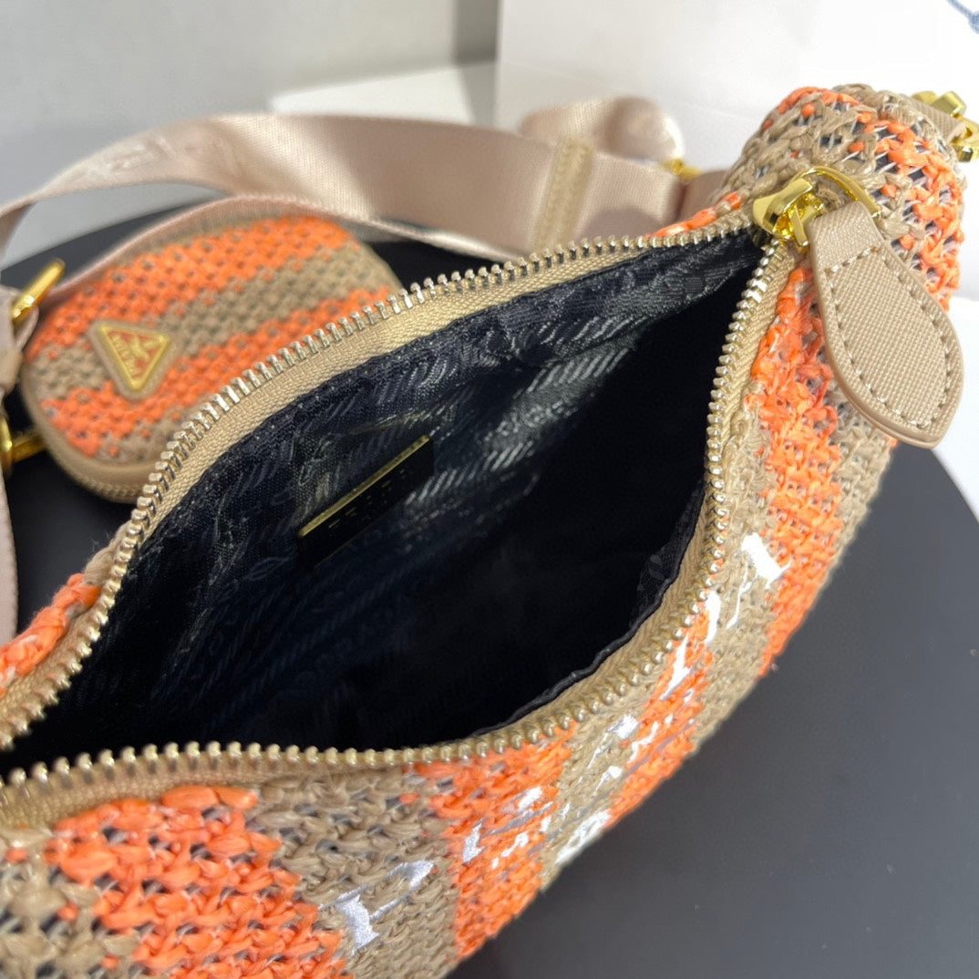 PRA HOBO BAG 23 IN BEIGE MIX ORANGE RAFFIA WITH WHITE LOGO GOLD HARDWARE