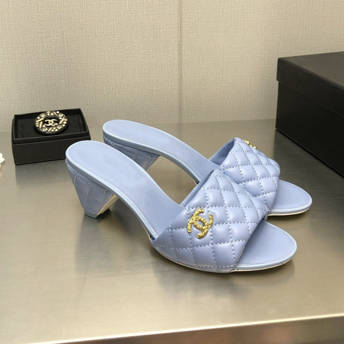 cc rev cone heel mule slide sandal cloud blue quilted lambskin 6cm