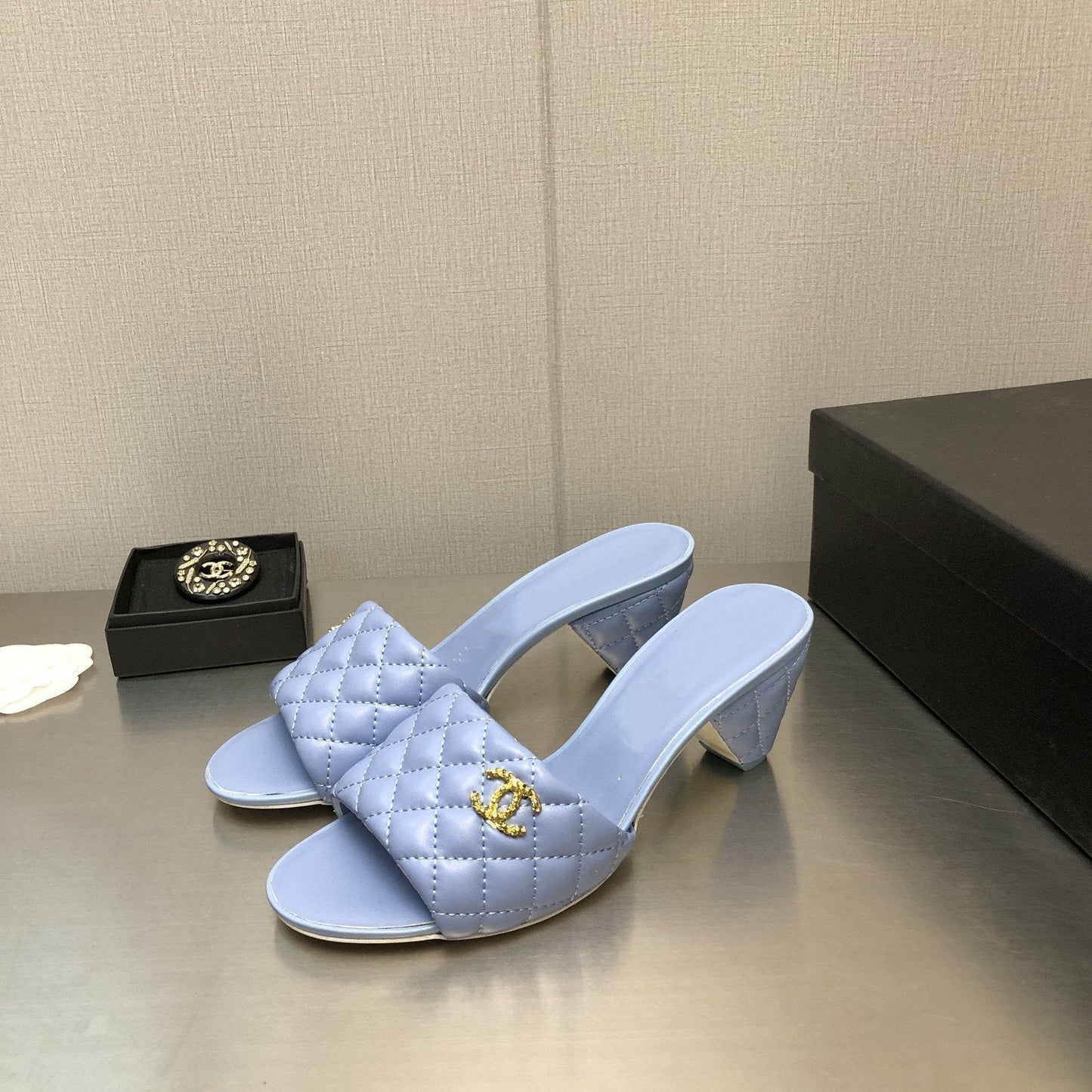 cc rev cone heel mule slide sandal cloud blue quilted lambskin 6cm