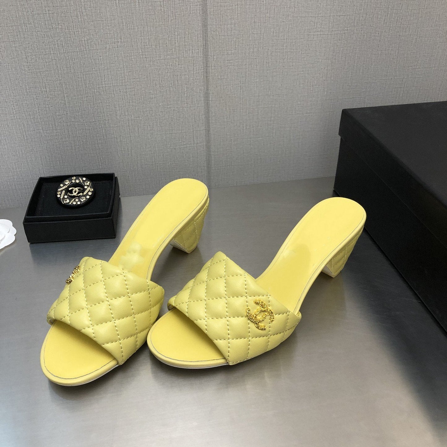 cc rev cone heel mule slide sandal lime quilted lambskin 6cm