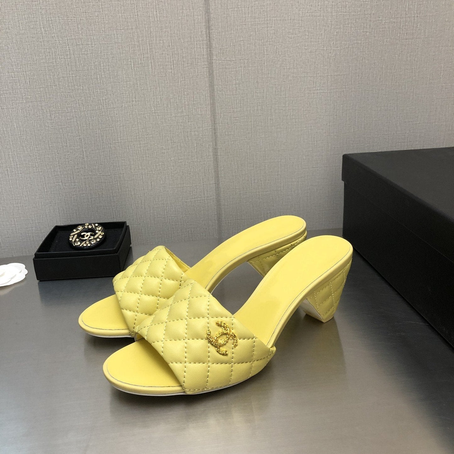 cc rev cone heel mule slide sandal lime quilted lambskin 6cm