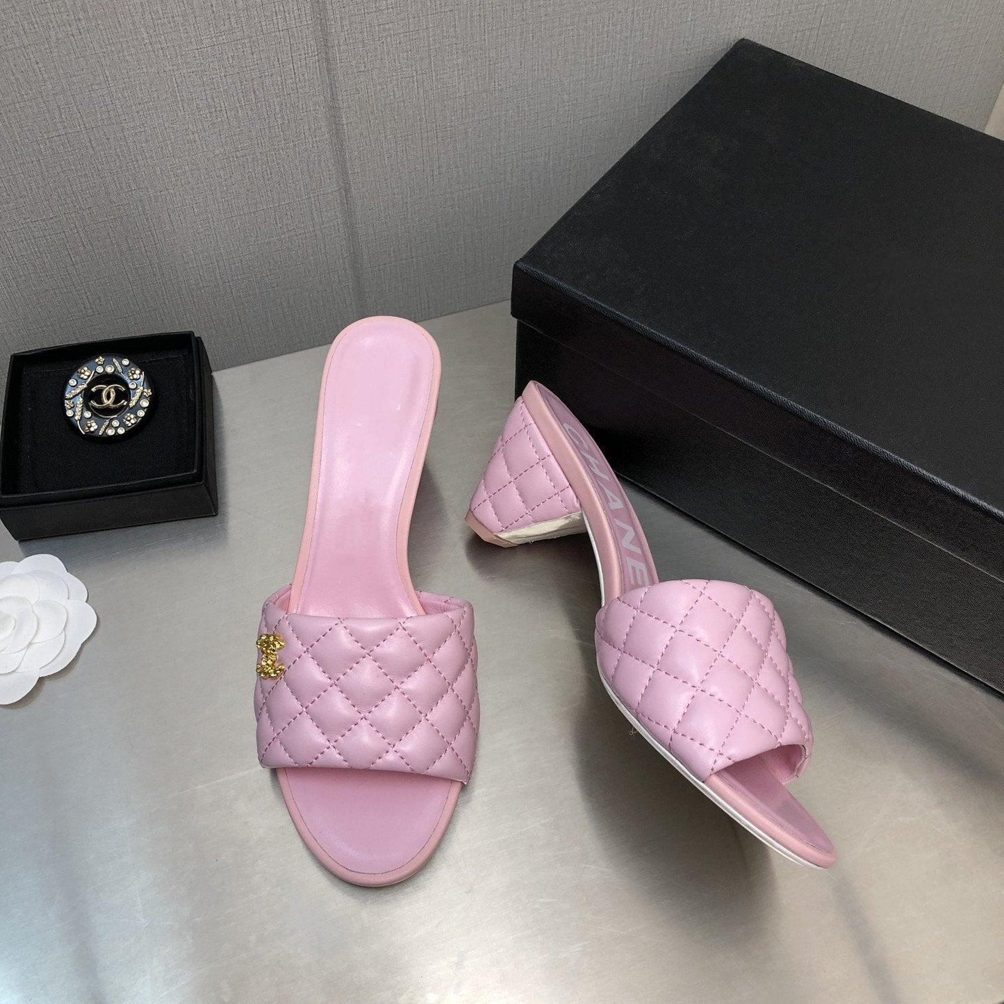 cc rev cone heel mule slide sandal pink quilted lambskin 6cm