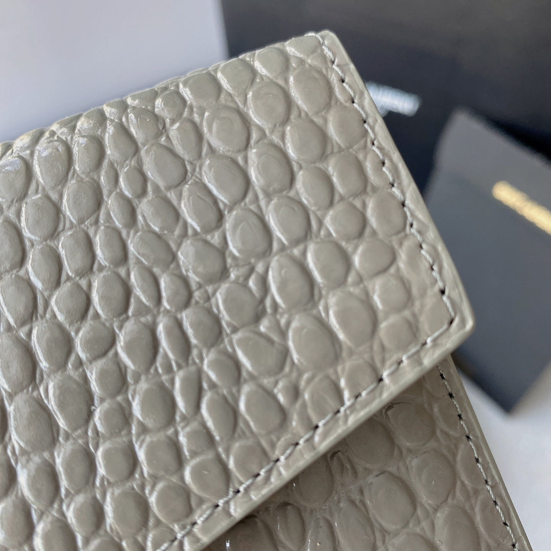 UPTOWN POUCH 27 IN PASTEL GRAY CROCODILE-EMBOSSED SHINY CALFSKIN GOLD LOGO