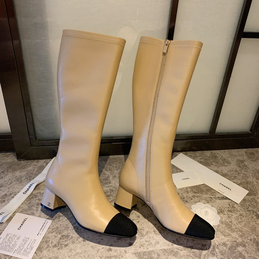 CC High Boots 50mm In Beige Black Lambskin And Lycra Fabric 940064