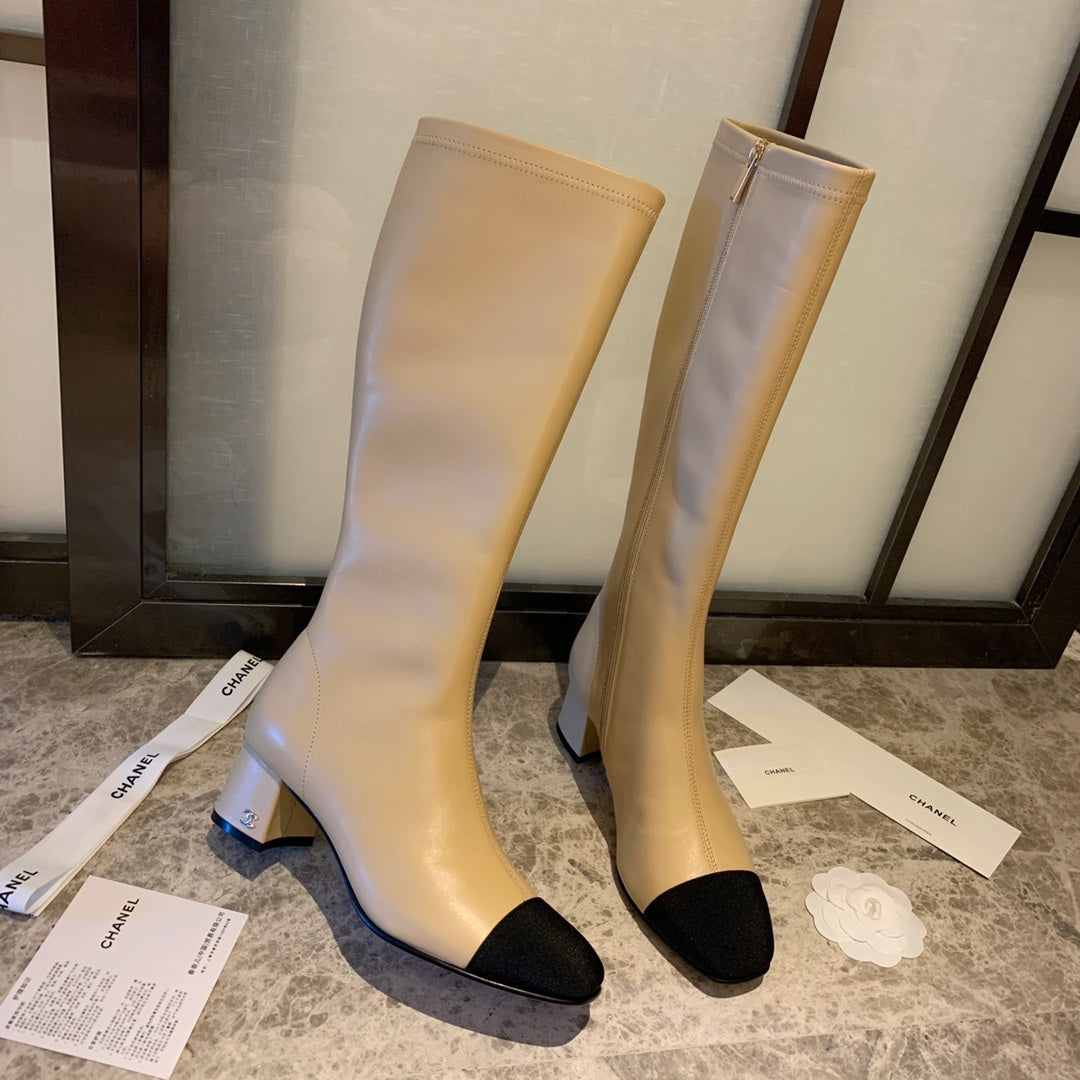 CC High Boots 50mm In Beige Black Lambskin And Lycra Fabric 940064