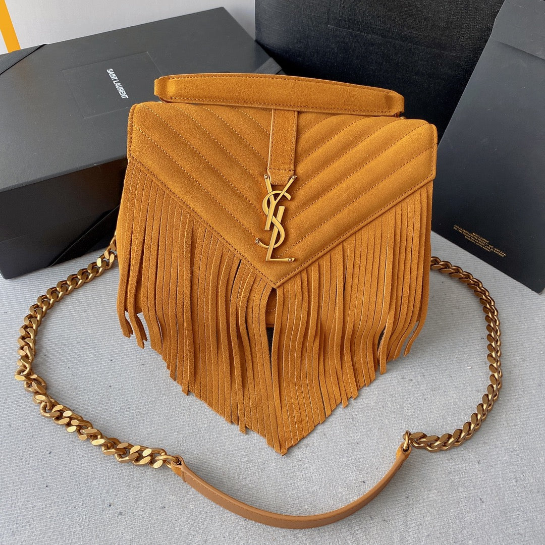 COLLEGE TASSEL 24 IN ORANGE PEEL SUEDE GOLD HARDWARE