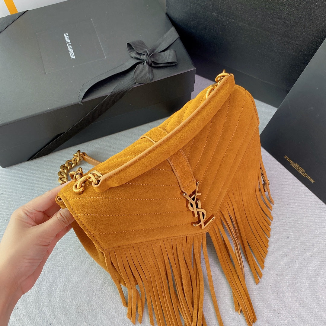 COLLEGE TASSEL 24 IN ORANGE PEEL SUEDE GOLD HARDWARE