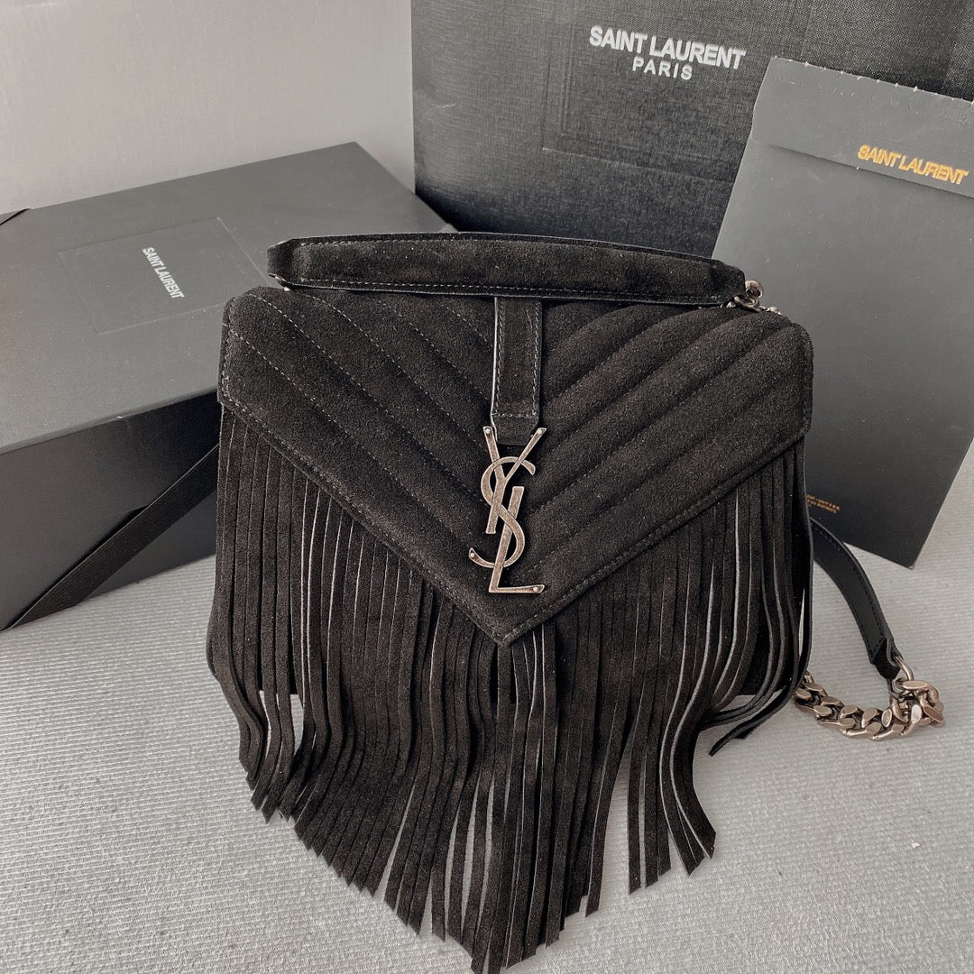 COLLEGE TASSEL 24 IN BLACK SUEDE SILVER HARDWARE