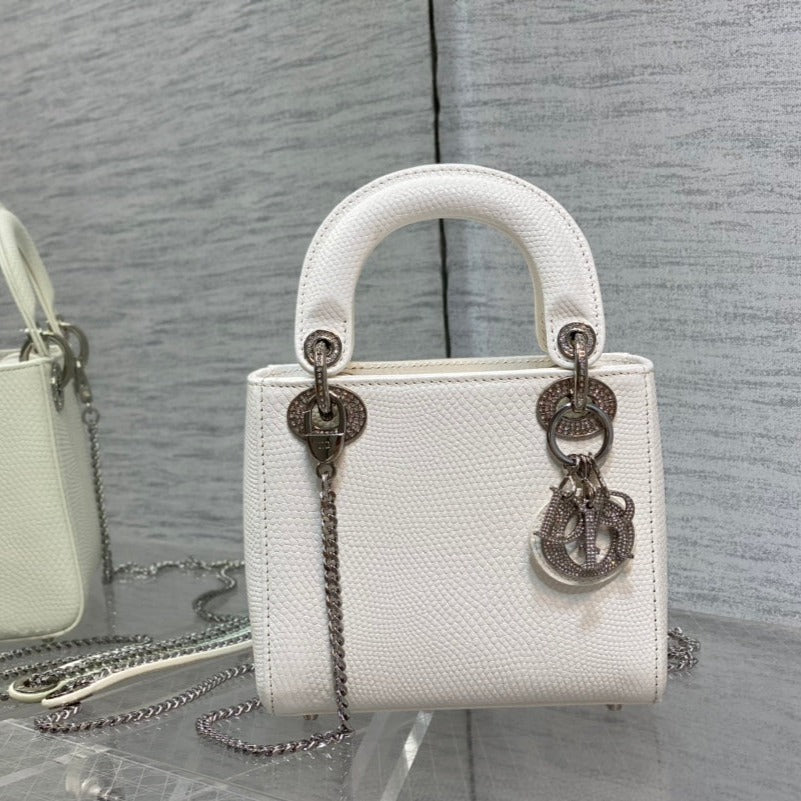 MINI LADY 17 BAG IN WHITE EMBOSSED LAMBSKIN WITH SILVER CLASP