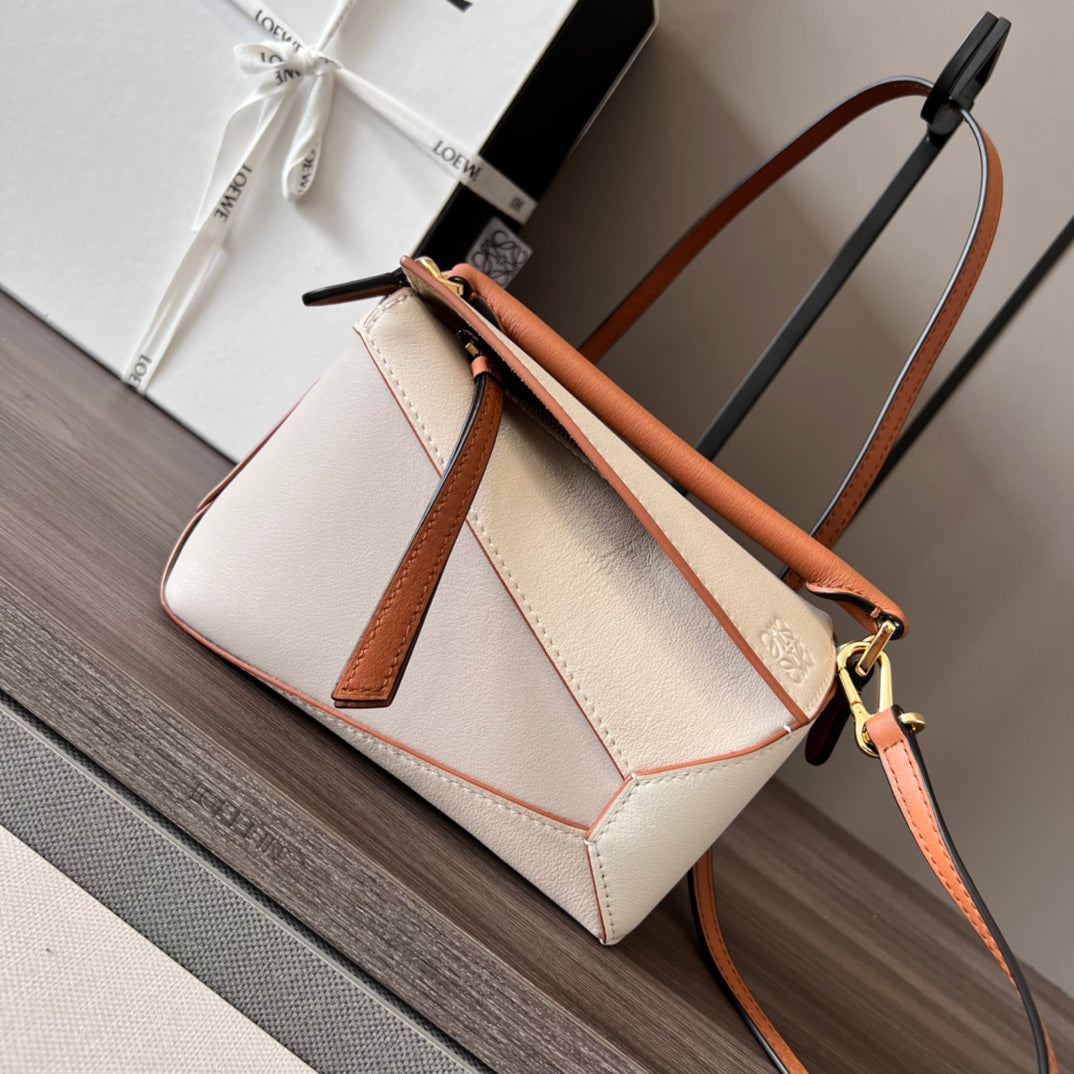 Mini Puzzle bag in soft grained 18cm White and Tan Calfskin