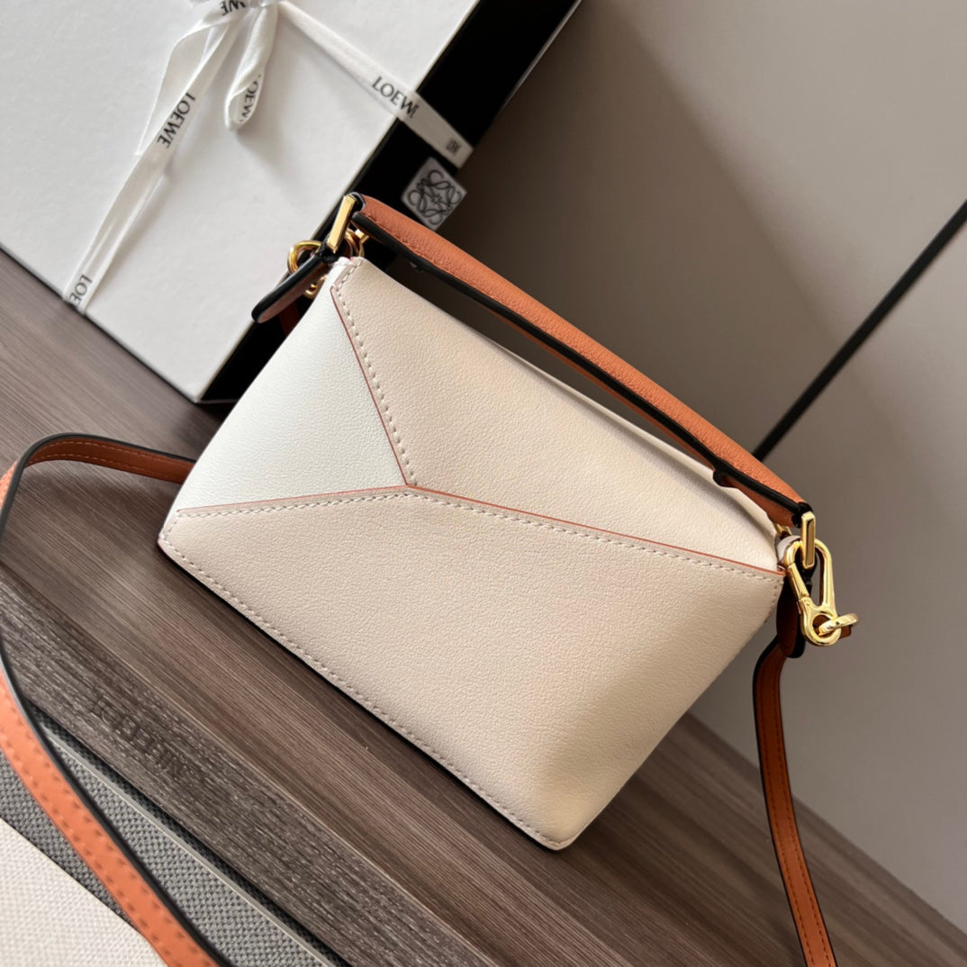 Mini Puzzle bag in soft grained 18cm White and Tan Calfskin