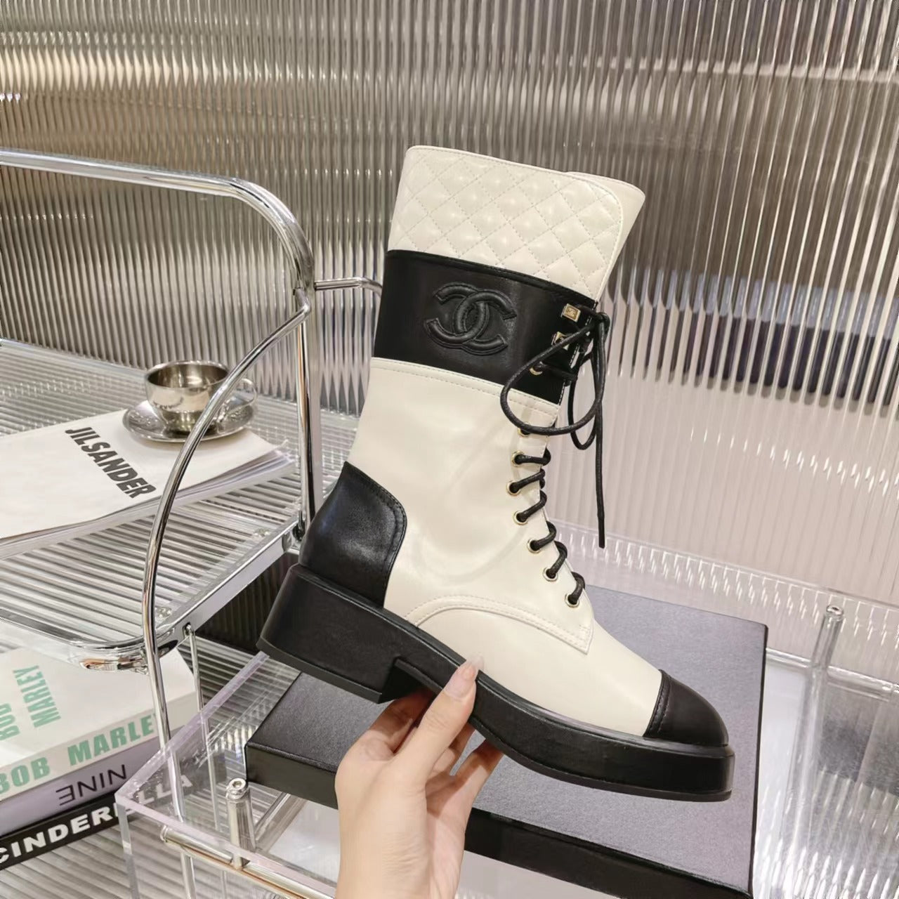 CC High Boots 45mm White Mix Black Quilted Cowhide