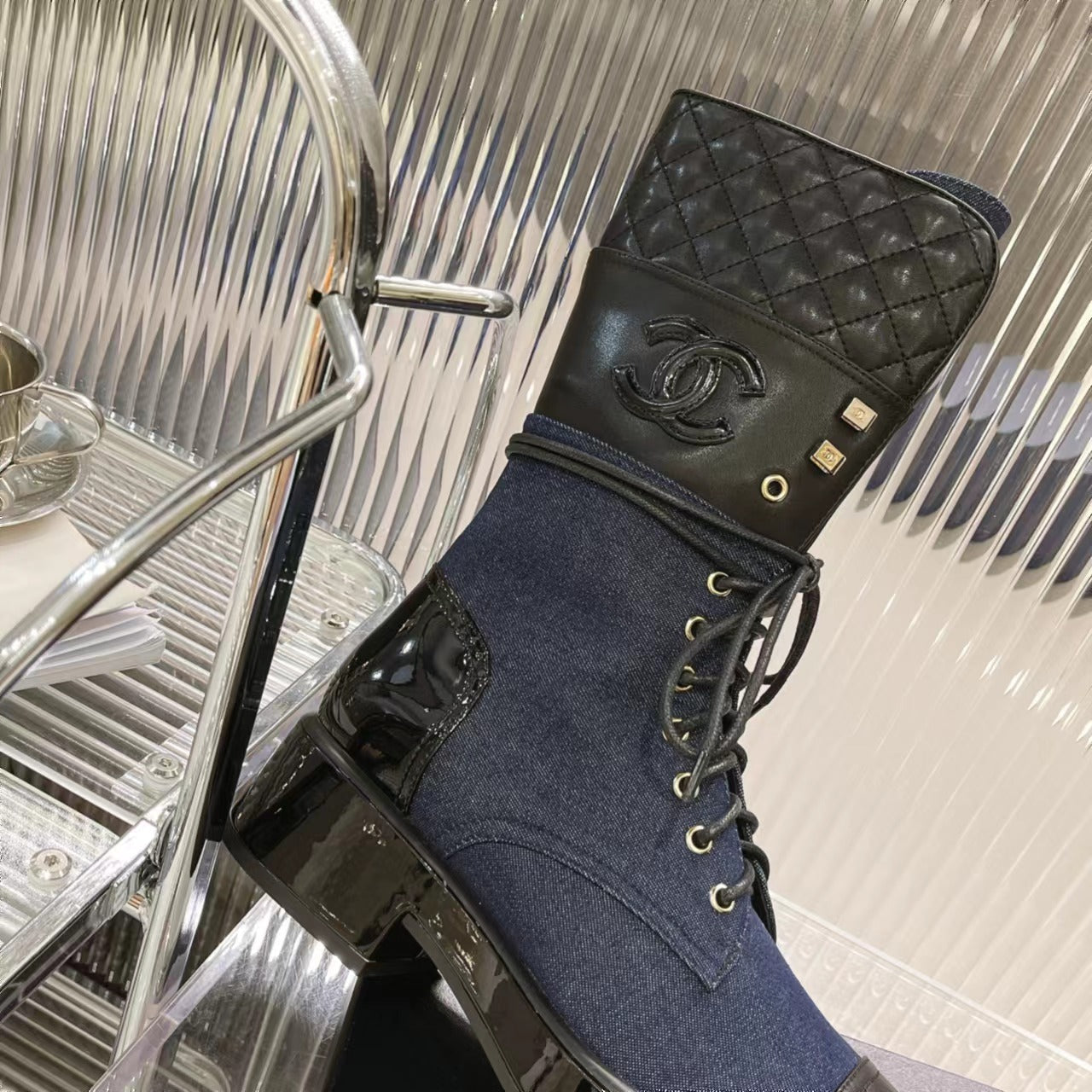 CC High Boots 45mm Dark Blue Denim Fabric And Quilted Cowhide