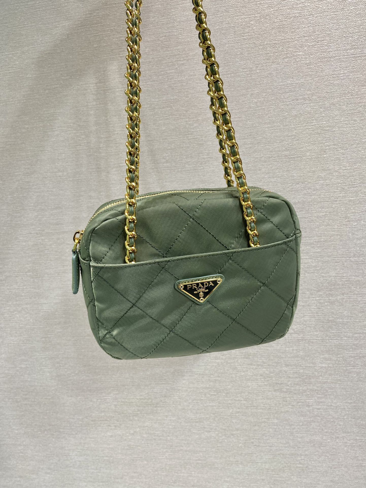 QUILTED HOBO BAG 19 IN PICKLE GREEN HANDMADE NYLON GOLD HARDWARE