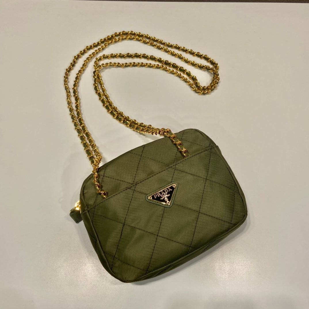 QUILTED HOBO BAG 19 IN PICKLE GREEN HANDMADE NYLON GOLD HARDWARE