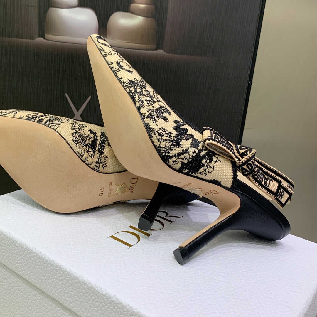 JAdior Slingback Pump 95 Black Embroidered Cotton with Gold-Tone Metallic Thread