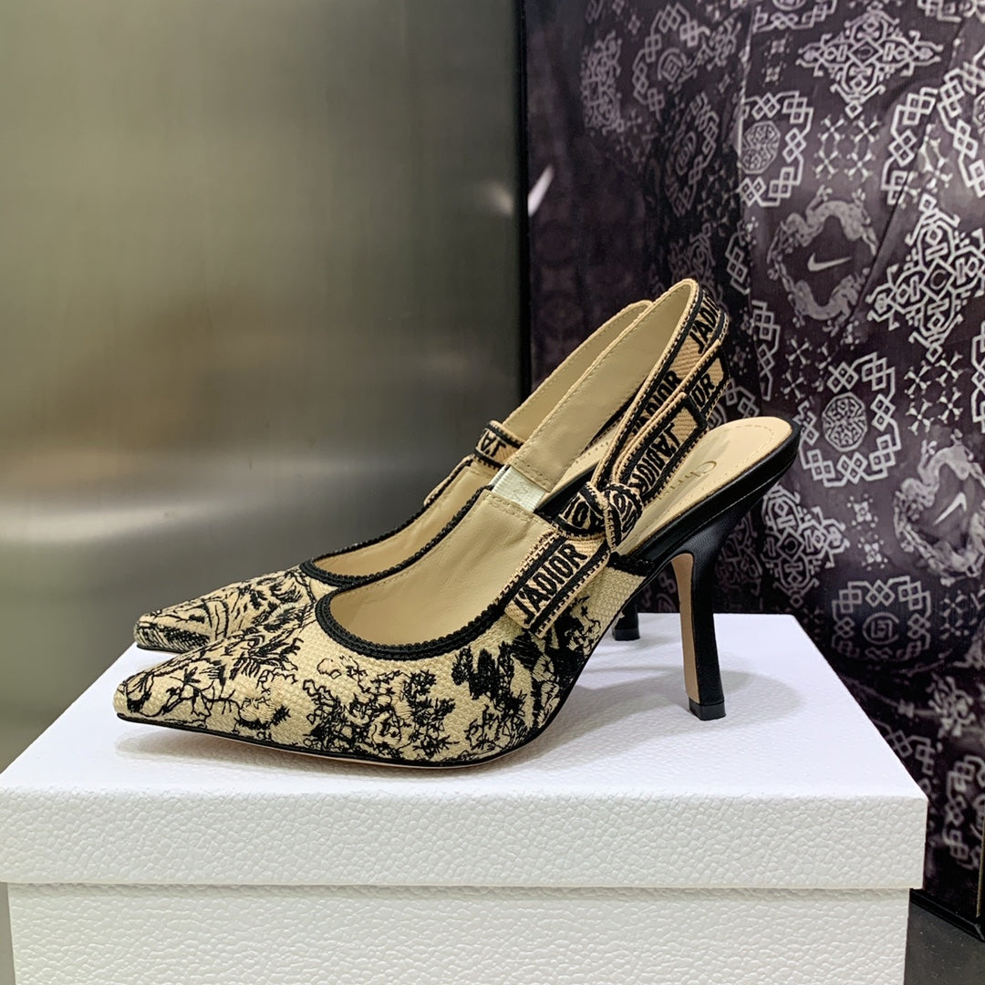 JAdior Slingback Pump 95 Black Embroidered Cotton with Gold-Tone Metallic Thread