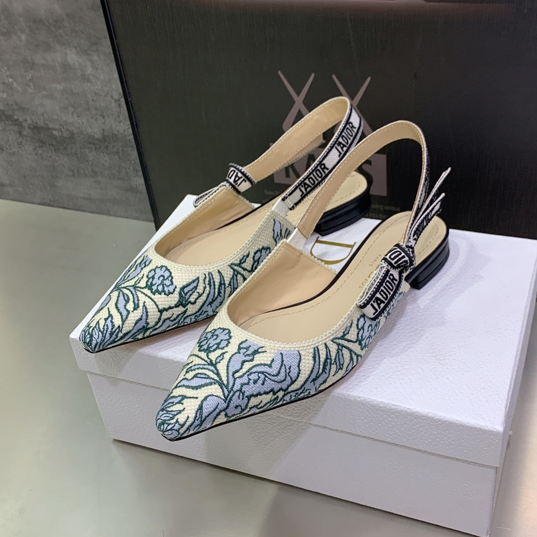 JAdior Slingback Flat Duck Blue Embroidered Cotton with Gold-Tone Metallic Thread