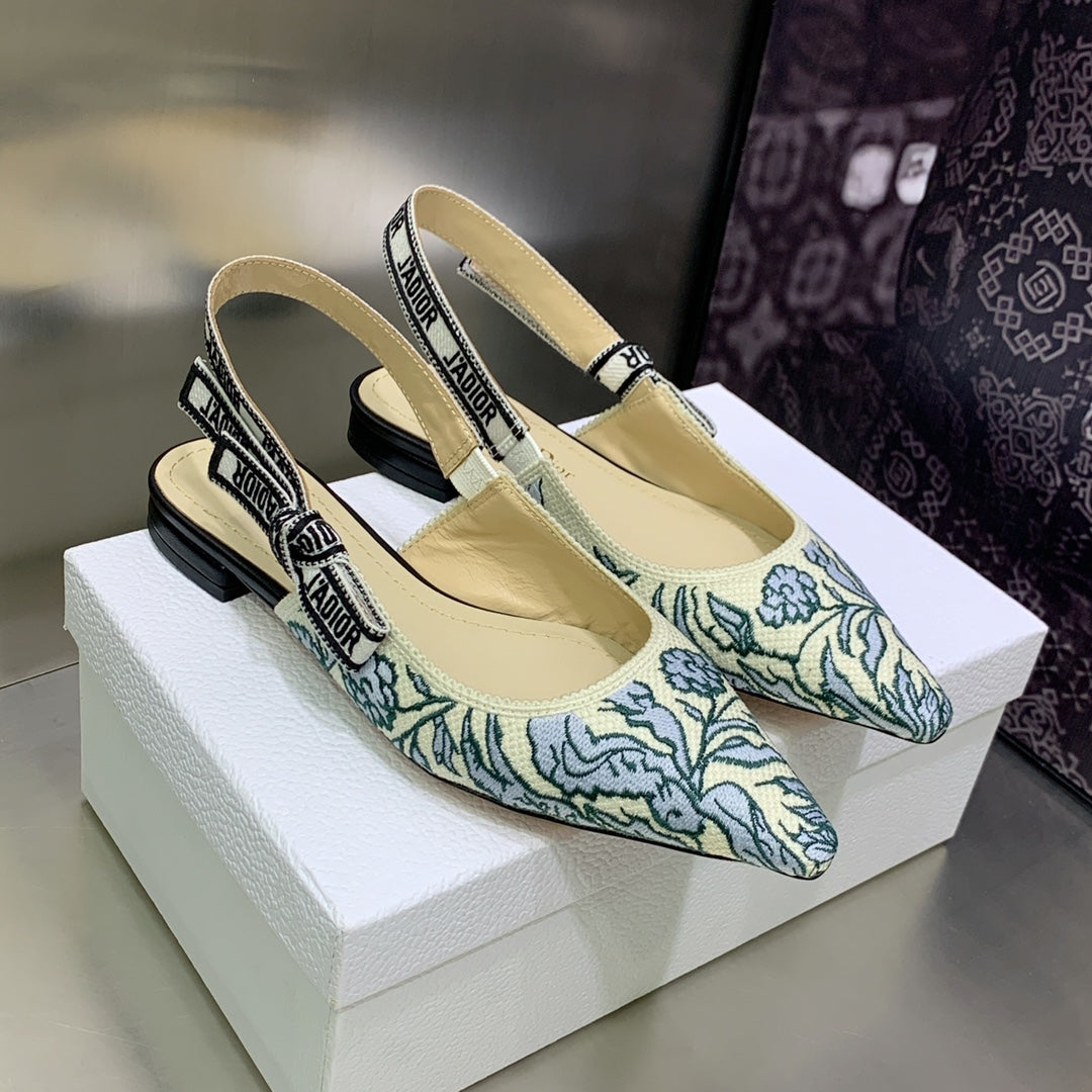 JAdior Slingback Flat Duck Blue Embroidered Cotton with Gold-Tone Metallic Thread