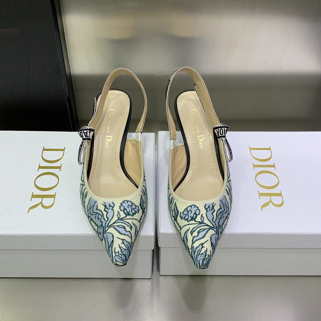 JAdior Slingback Pump 65 Duck Blue Embroidered Cotton with Gold-Tone Metallic Thread