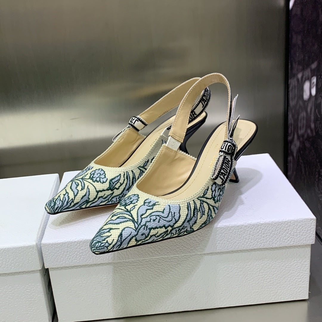 JAdior Slingback Pump 65 Duck Blue Embroidered Cotton with Gold-Tone Metallic Thread