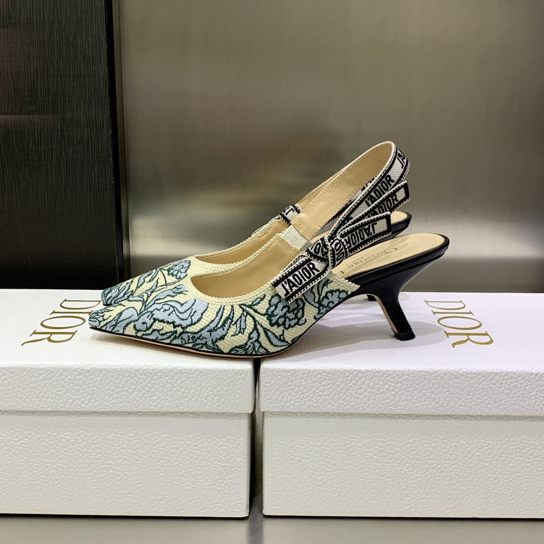 JAdior Slingback Pump 65 Duck Blue Embroidered Cotton with Gold-Tone Metallic Thread