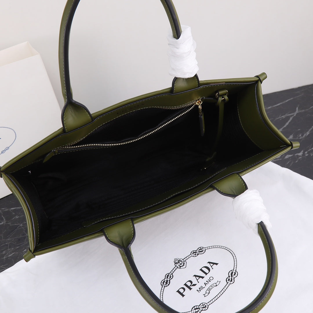 PRA LARGE 39 TOTE IN OLIVE GREEN CALFSKIN GOLD HARDWARE