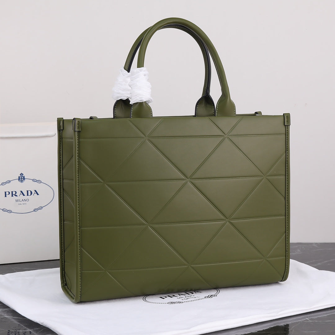 PRA LARGE 39 TOTE IN OLIVE GREEN CALFSKIN GOLD HARDWARE