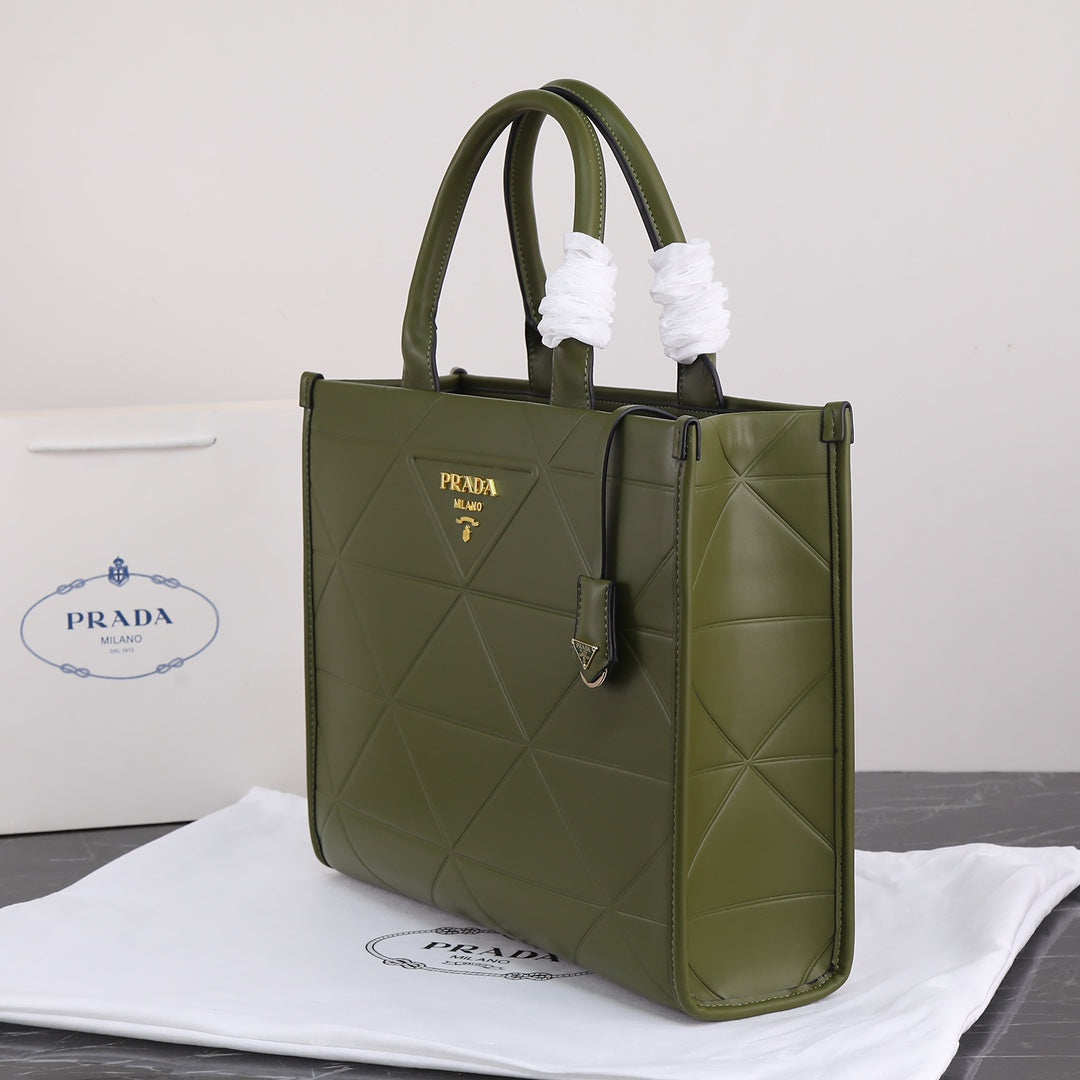 PRA LARGE 39 TOTE IN OLIVE GREEN CALFSKIN GOLD HARDWARE