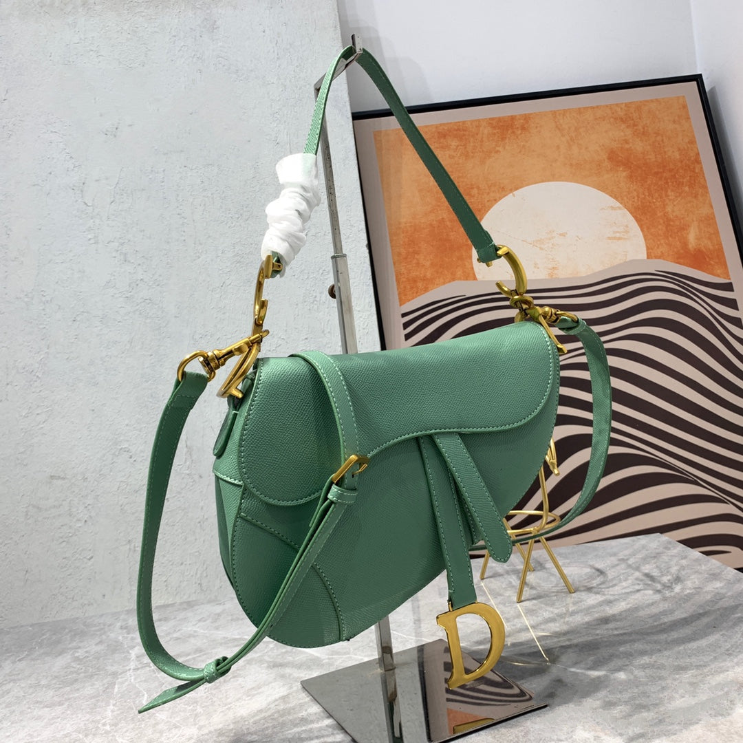 CD Saddle Bag Strap Warm Taupe Grained Green Calfskin