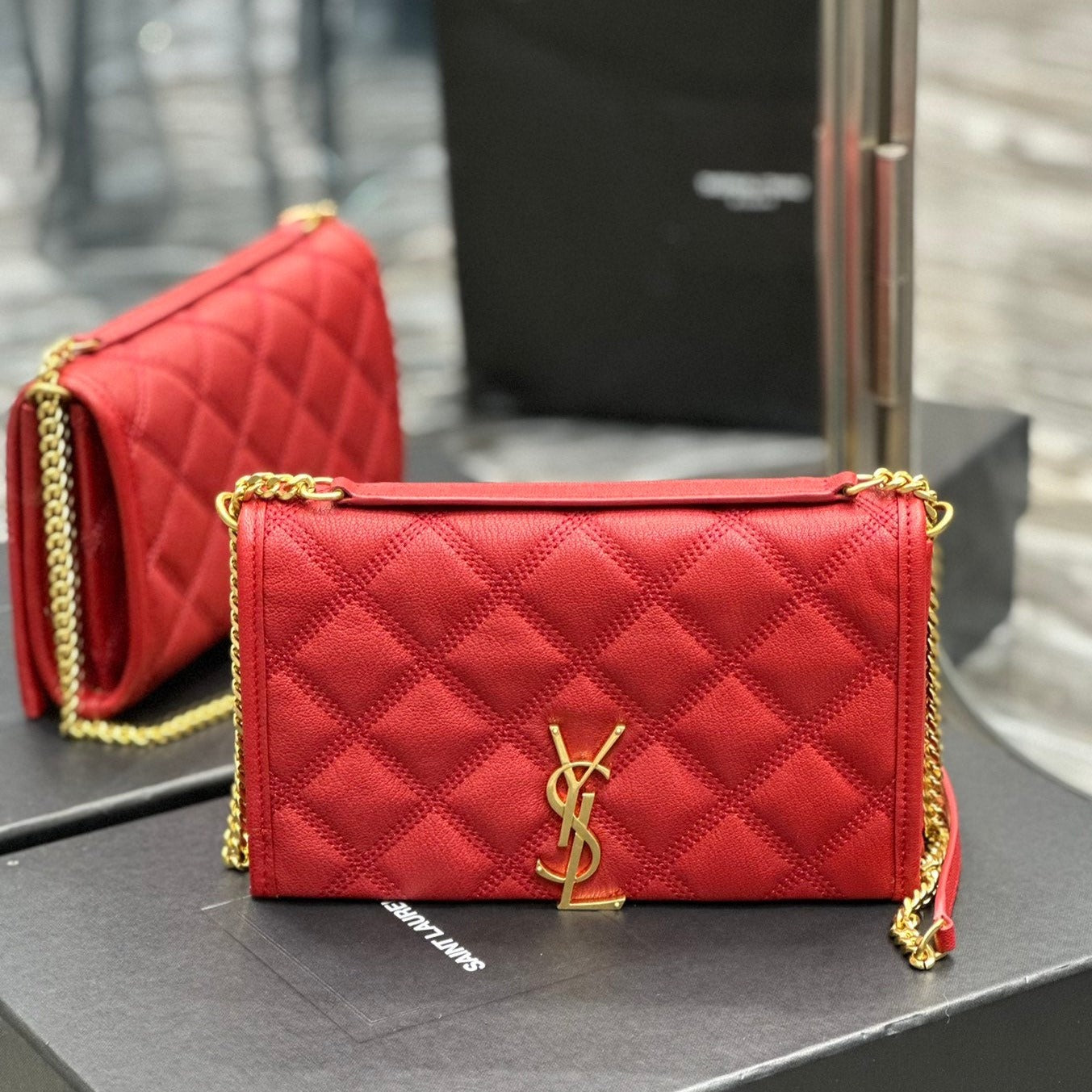 BECKY 22.5 QUILTED RED LAMBSKIN GOLD HARDWARE