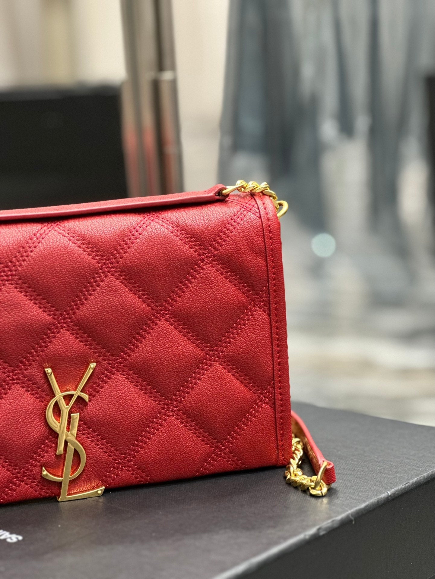 BECKY 22.5 QUILTED RED LAMBSKIN GOLD HARDWARE