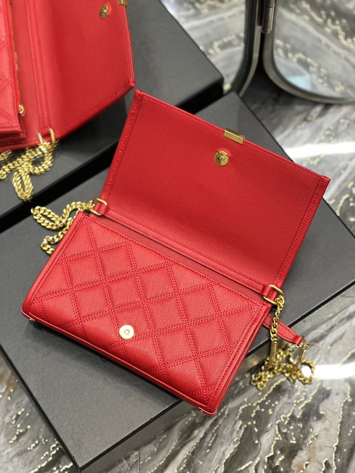 BECKY 22.5 QUILTED RED LAMBSKIN GOLD HARDWARE