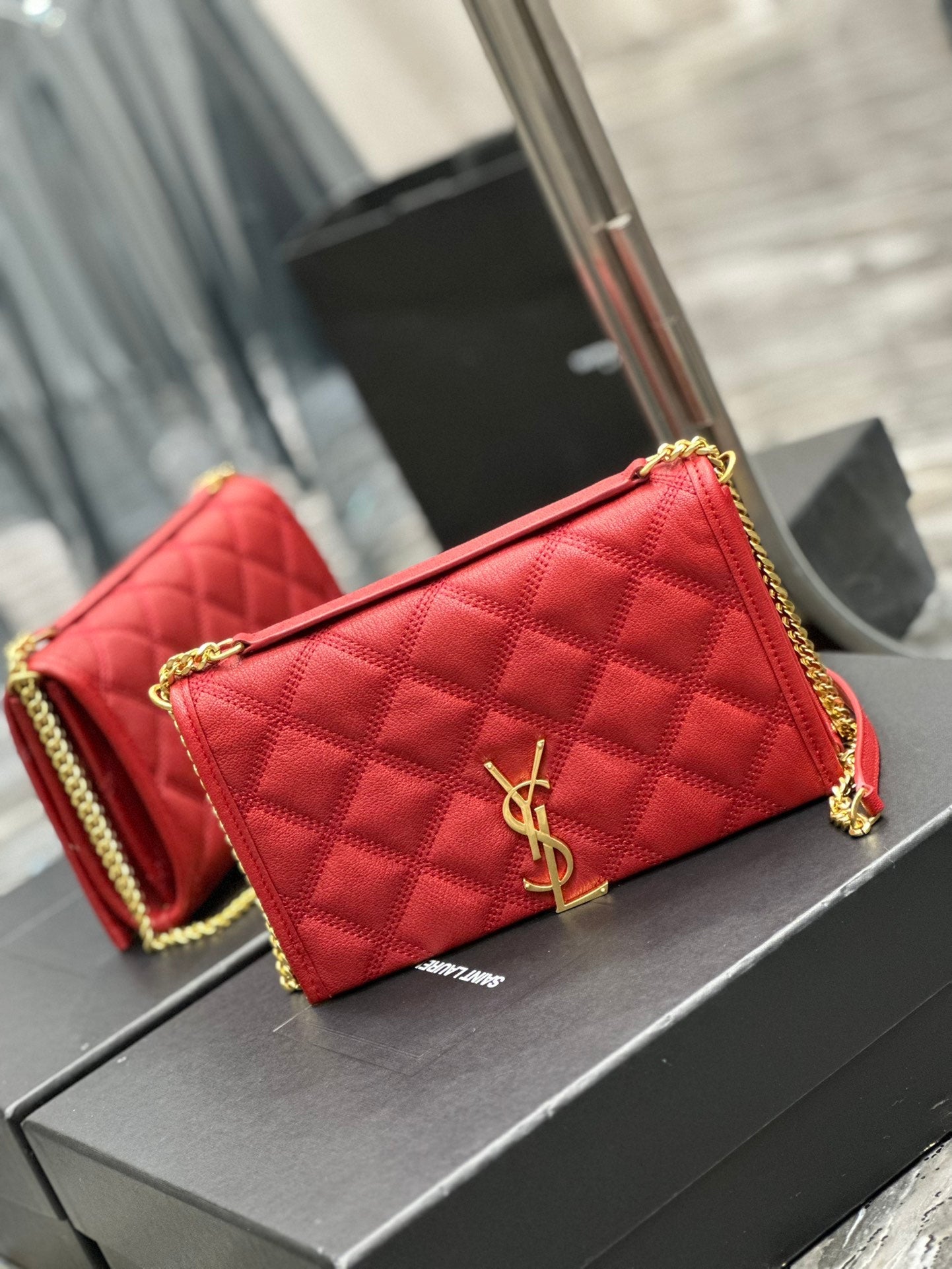 BECKY 22.5 QUILTED RED LAMBSKIN GOLD HARDWARE