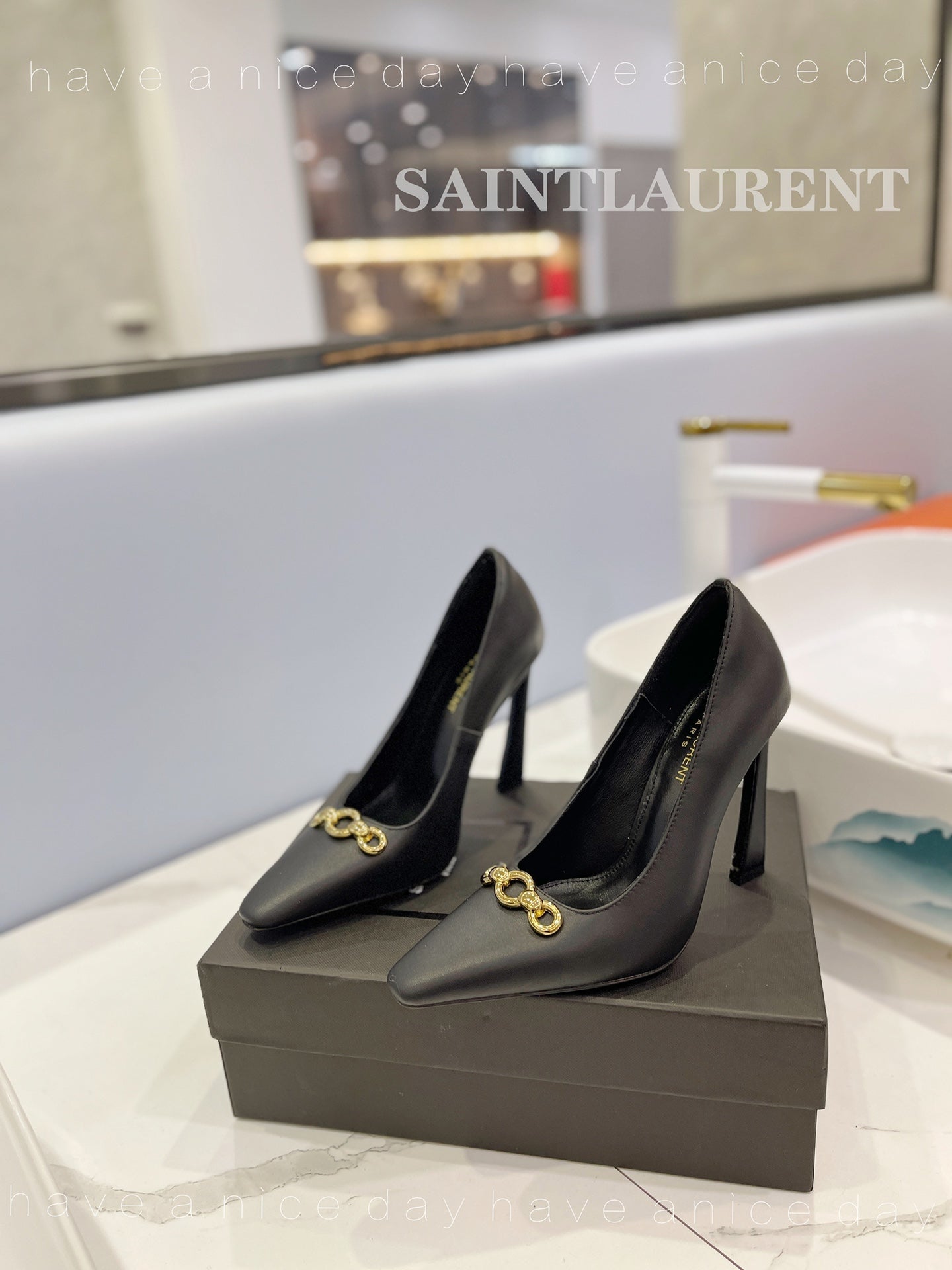 SL SILVANA CHAIN PUMPS BLACK CALFSKIN