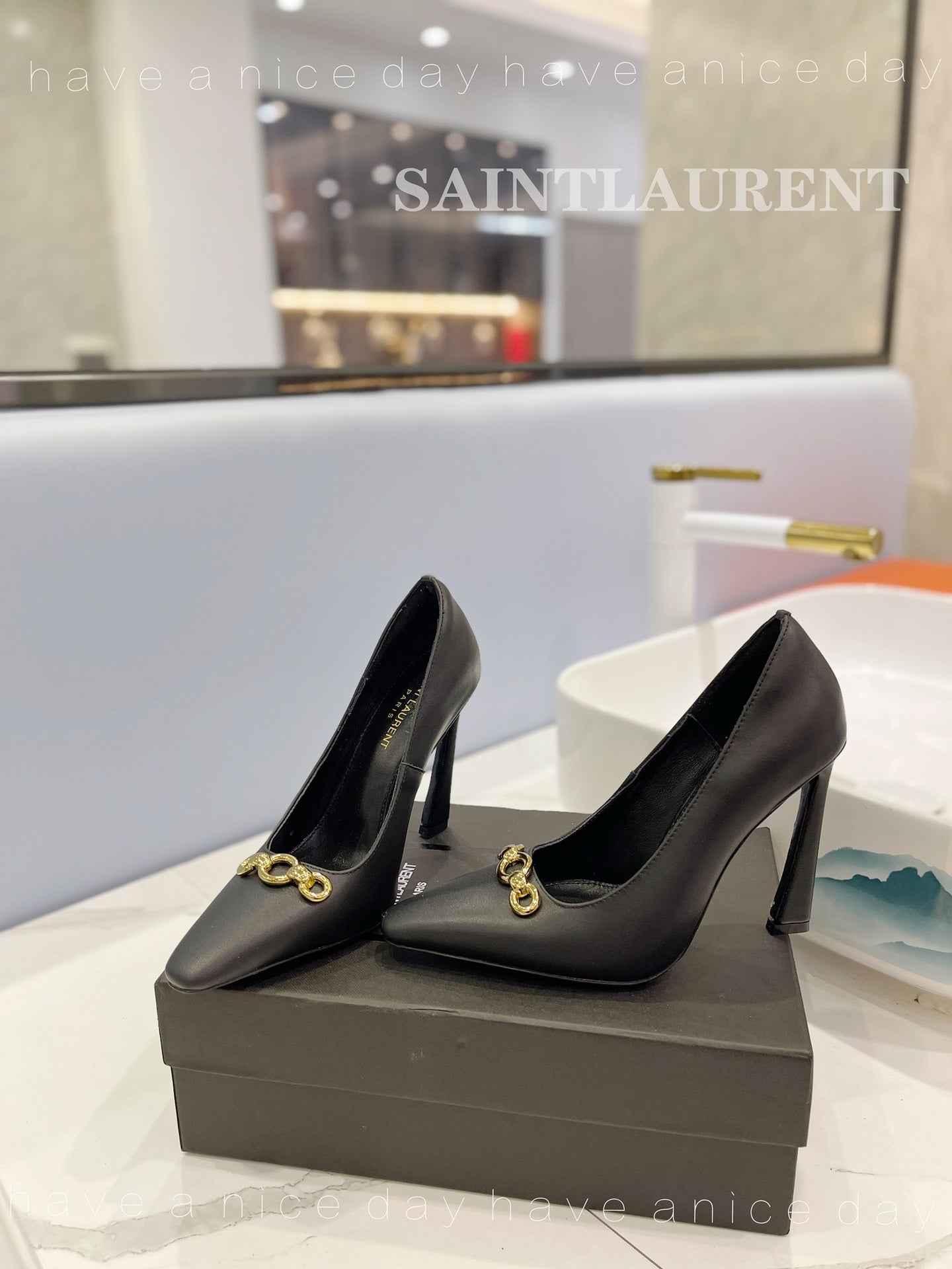 SL SILVANA CHAIN PUMPS BLACK CALFSKIN