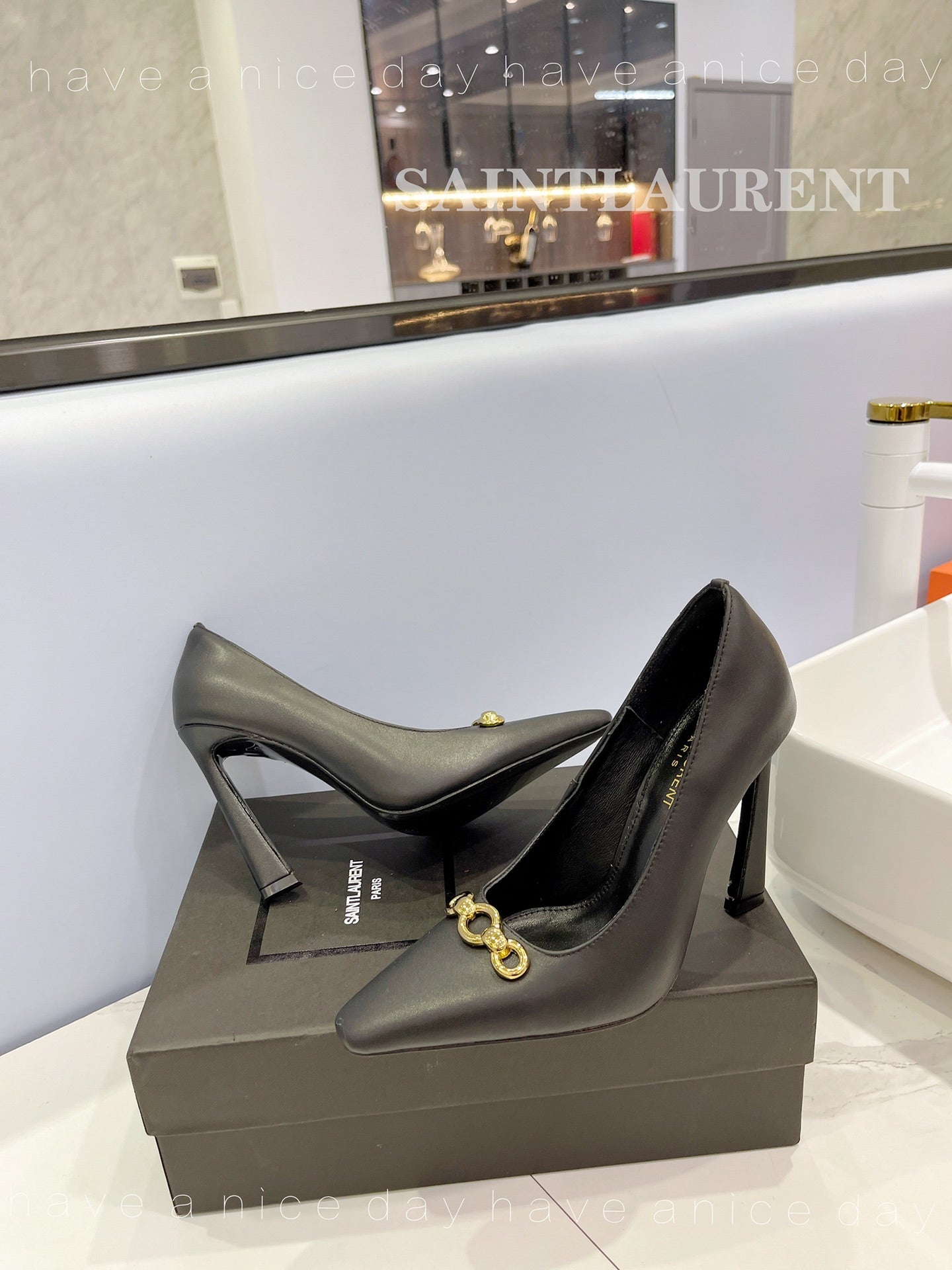 SL SILVANA CHAIN PUMPS BLACK CALFSKIN