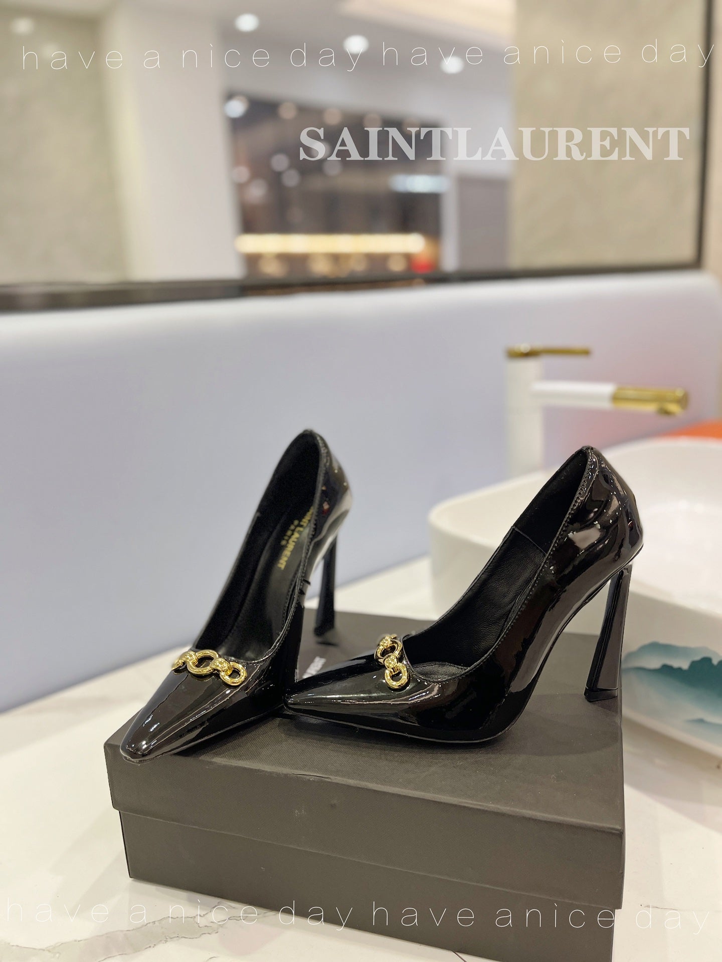 SL SILVANA CHAIN PUMPS GLOSSY BLACK CALFSKIN