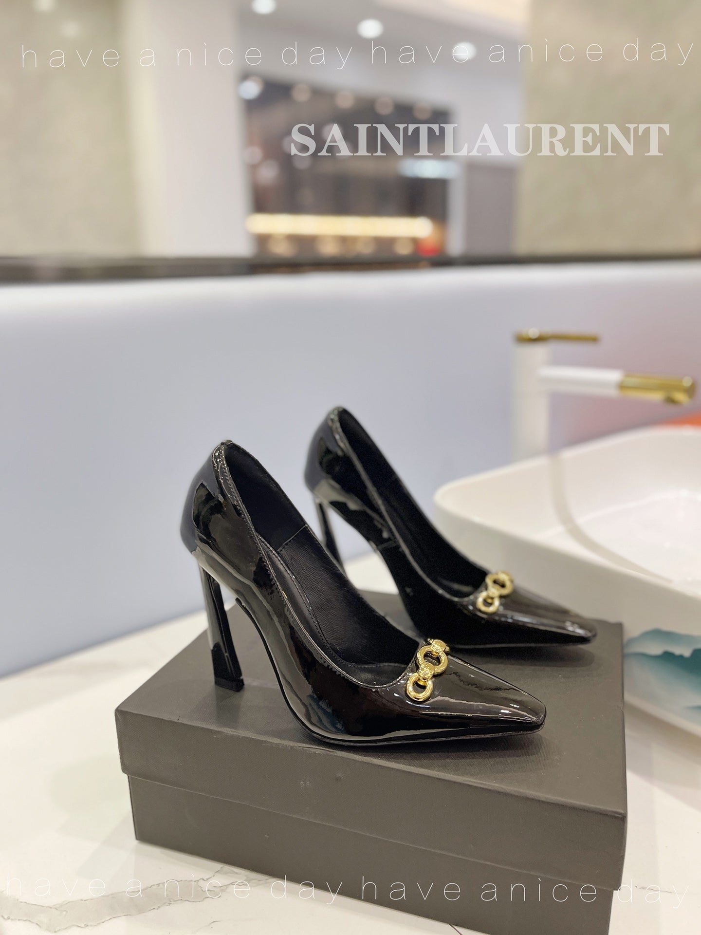 SL SILVANA CHAIN PUMPS GLOSSY BLACK CALFSKIN