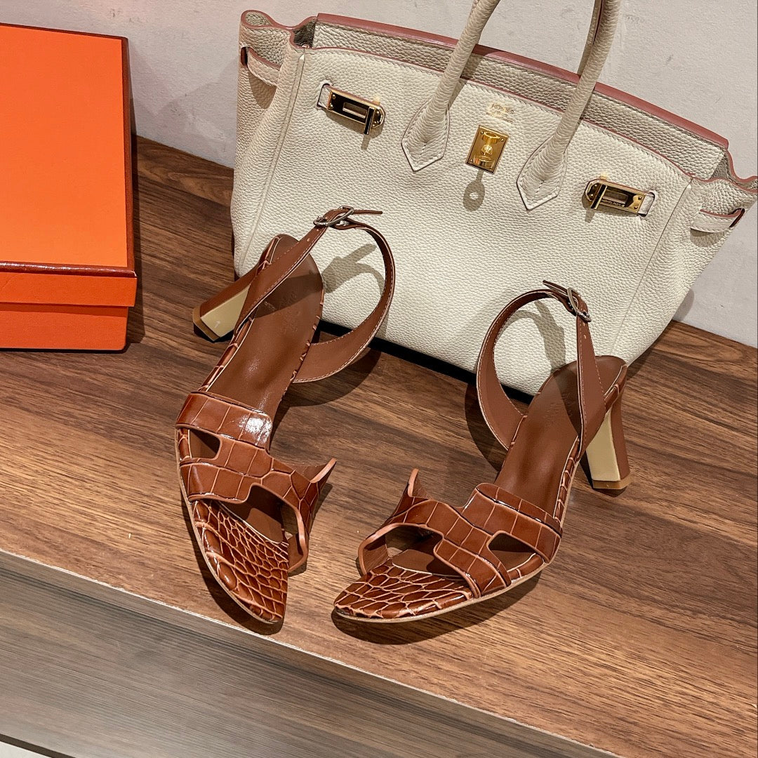 SLINGBACK ETERNITE 75 BROWN LAMBSKIN AND CROCODILE LEATHER