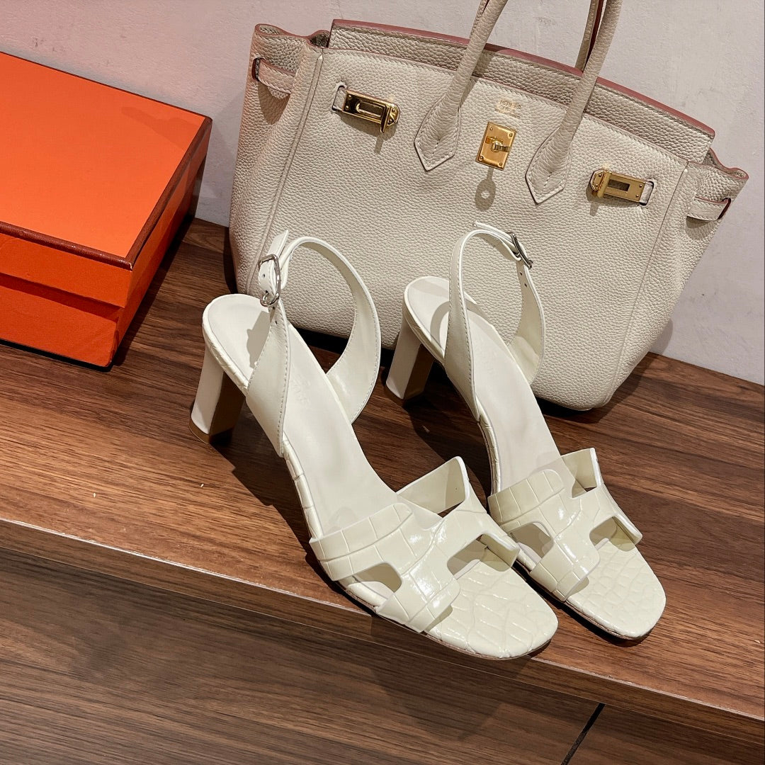 SLINGBACK ETERNITE 75 WHITE LAMBSKIN AND CROCODILE LEATHER