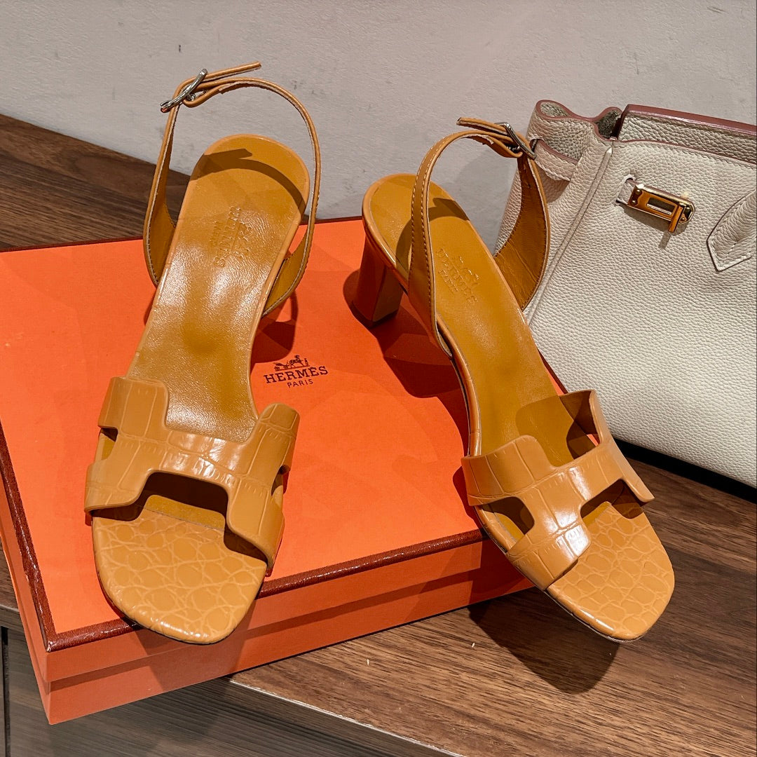 SLINGBACK ETERNITE 75 CARAMEL LAMBSKIN AND CROCODILE LEATHER