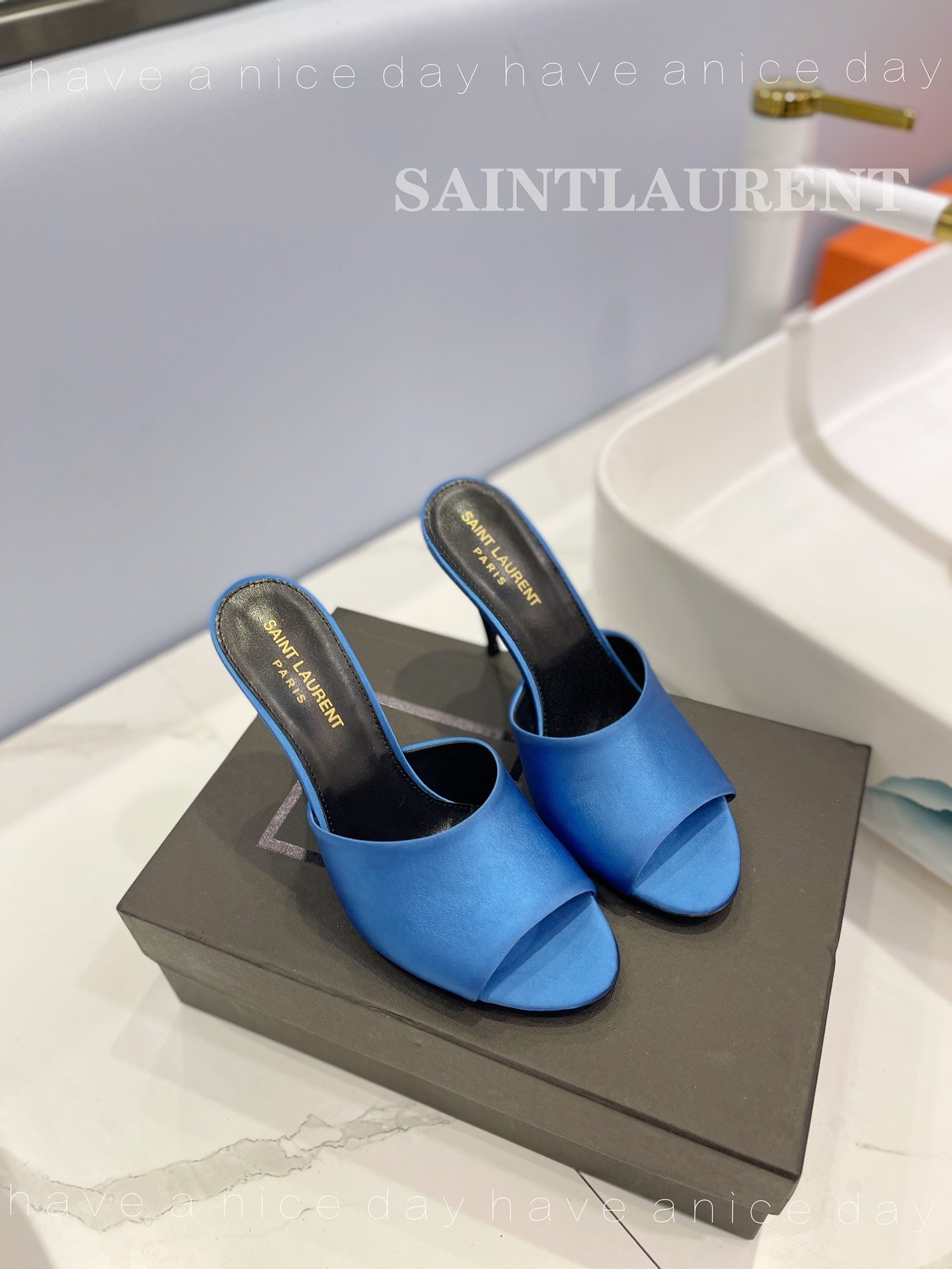 SL GOLDIE MULES COBALT SATIN