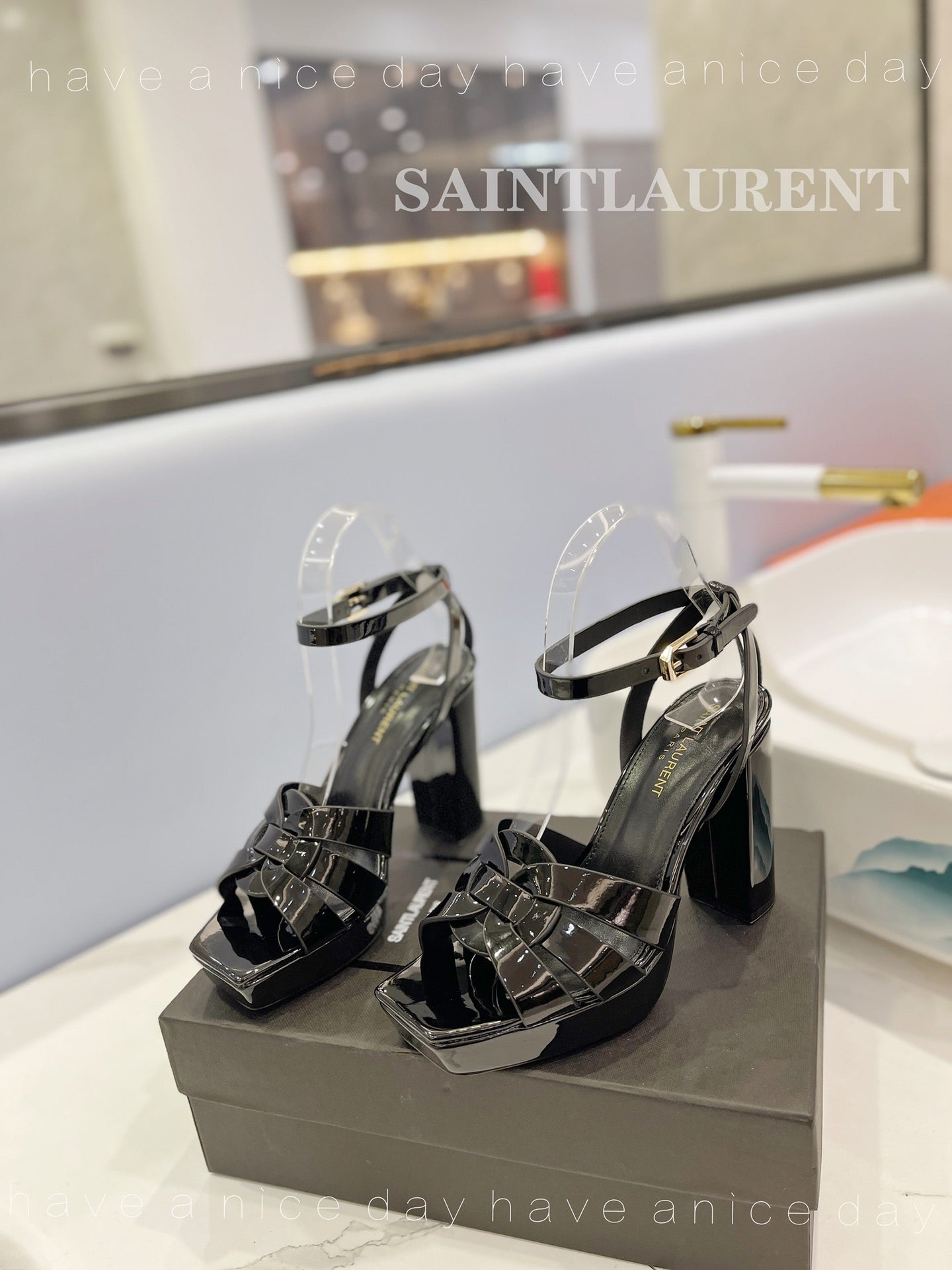 SL TRIBUTE FLATFORM SANDALS GLOSSY BLACK CALFSKIN