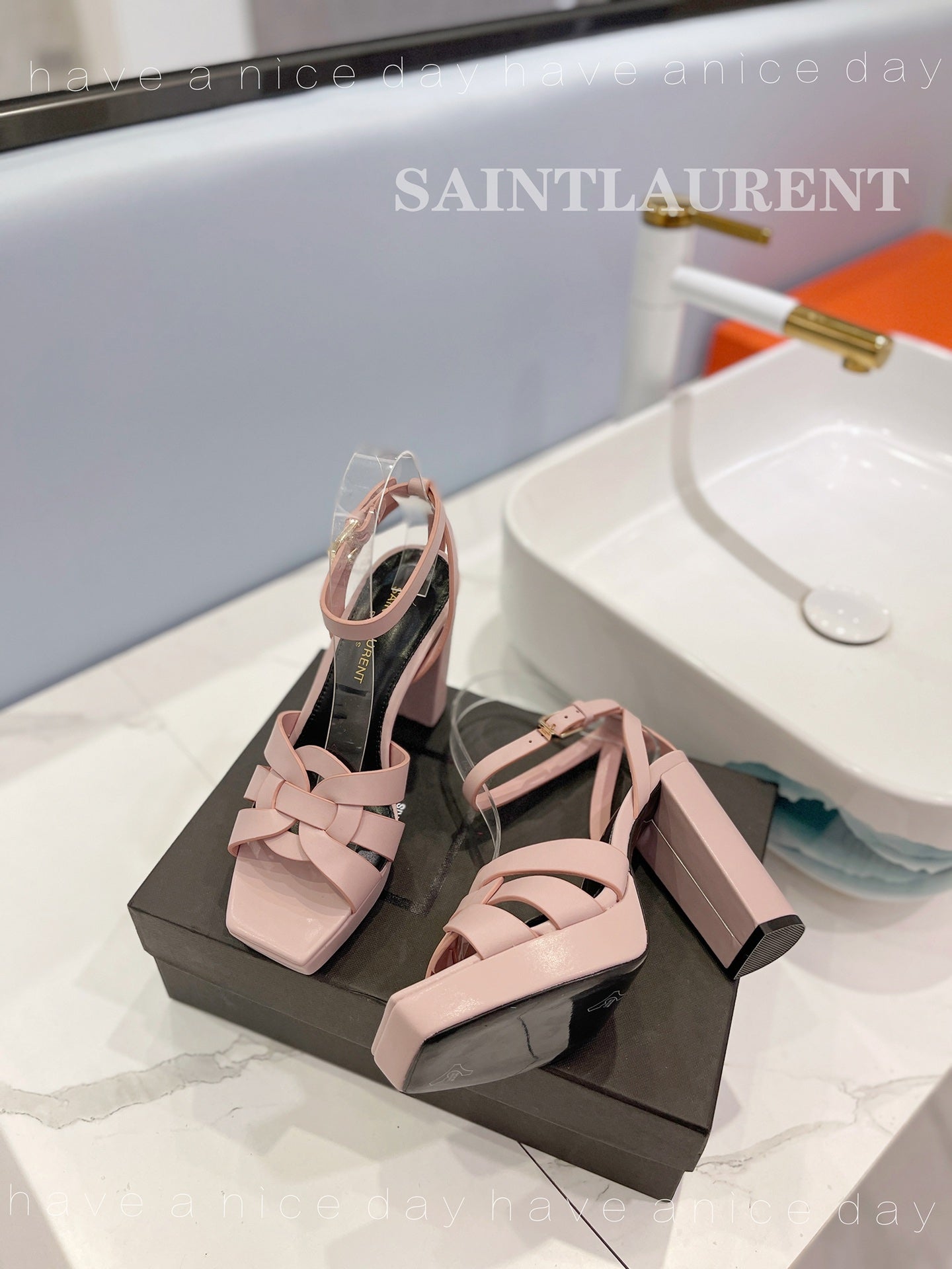 SL TRIBUTE FLATFORM SANDALS PASTEL PINK CALFSKIN