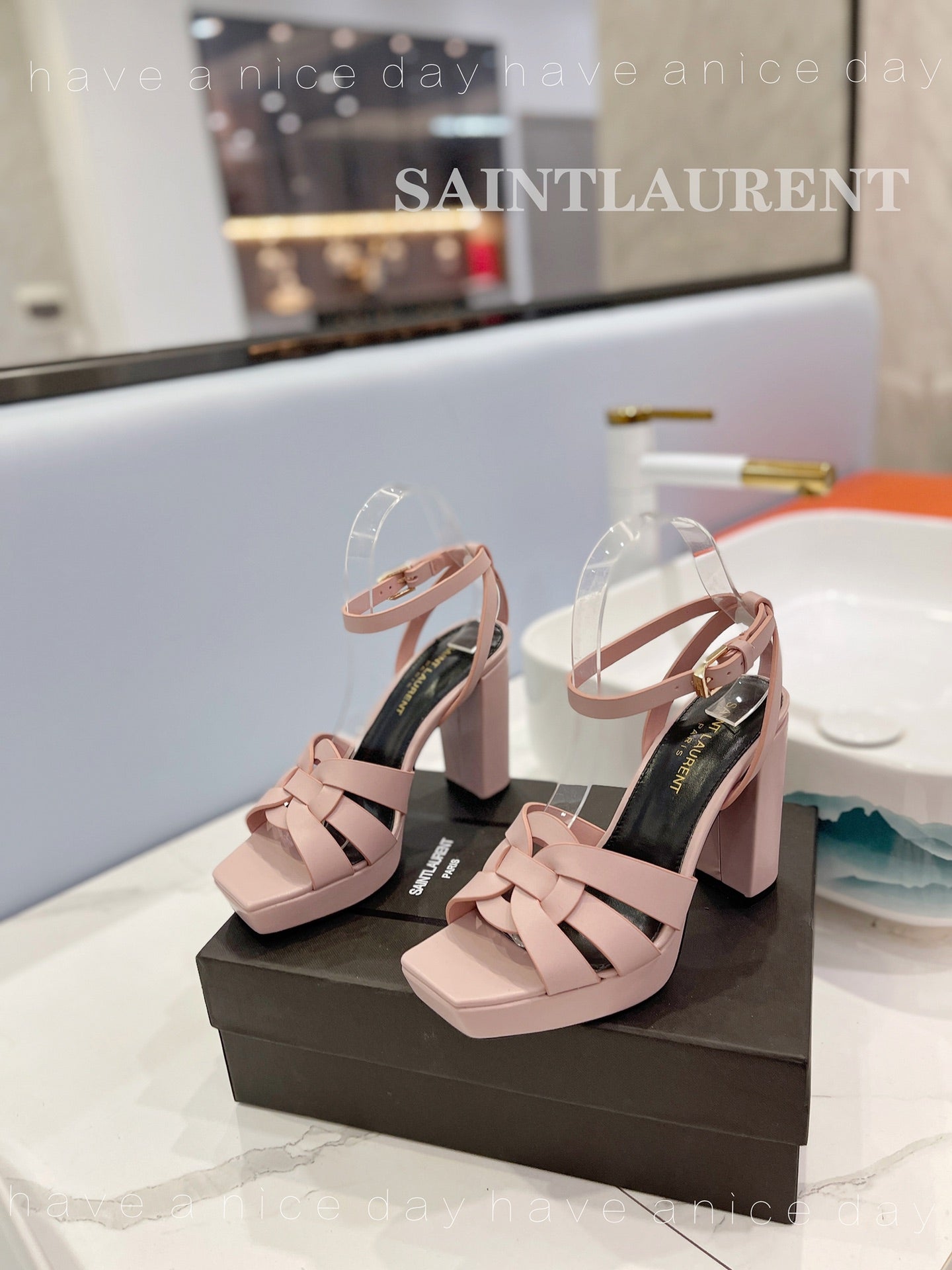 SL TRIBUTE FLATFORM SANDALS PASTEL PINK CALFSKIN