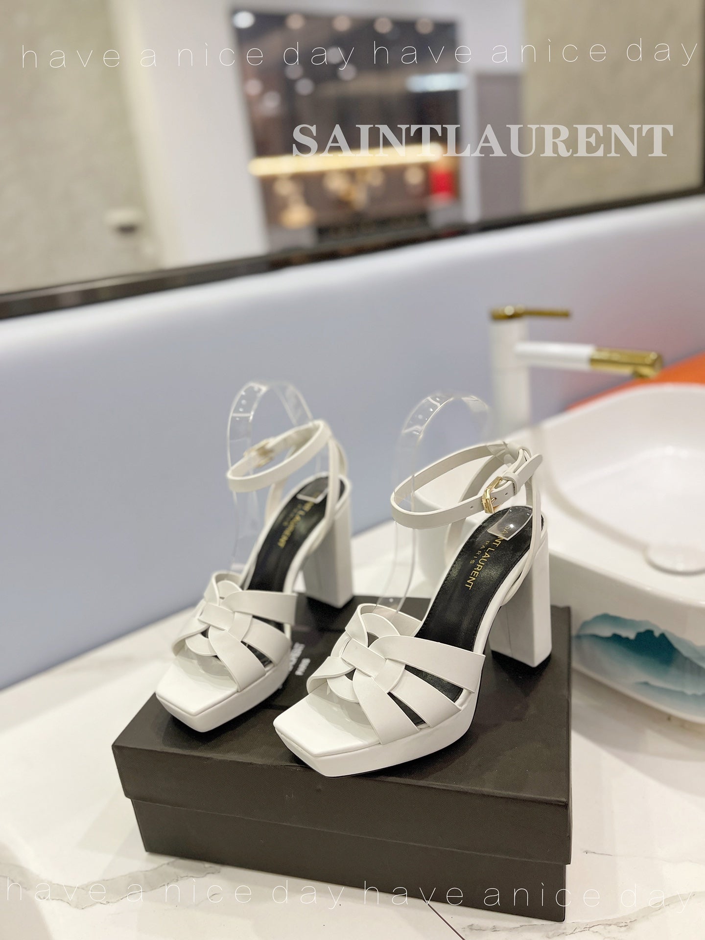 SL TRIBUTE FLATFORM SANDALS WHITE CALFSKIN