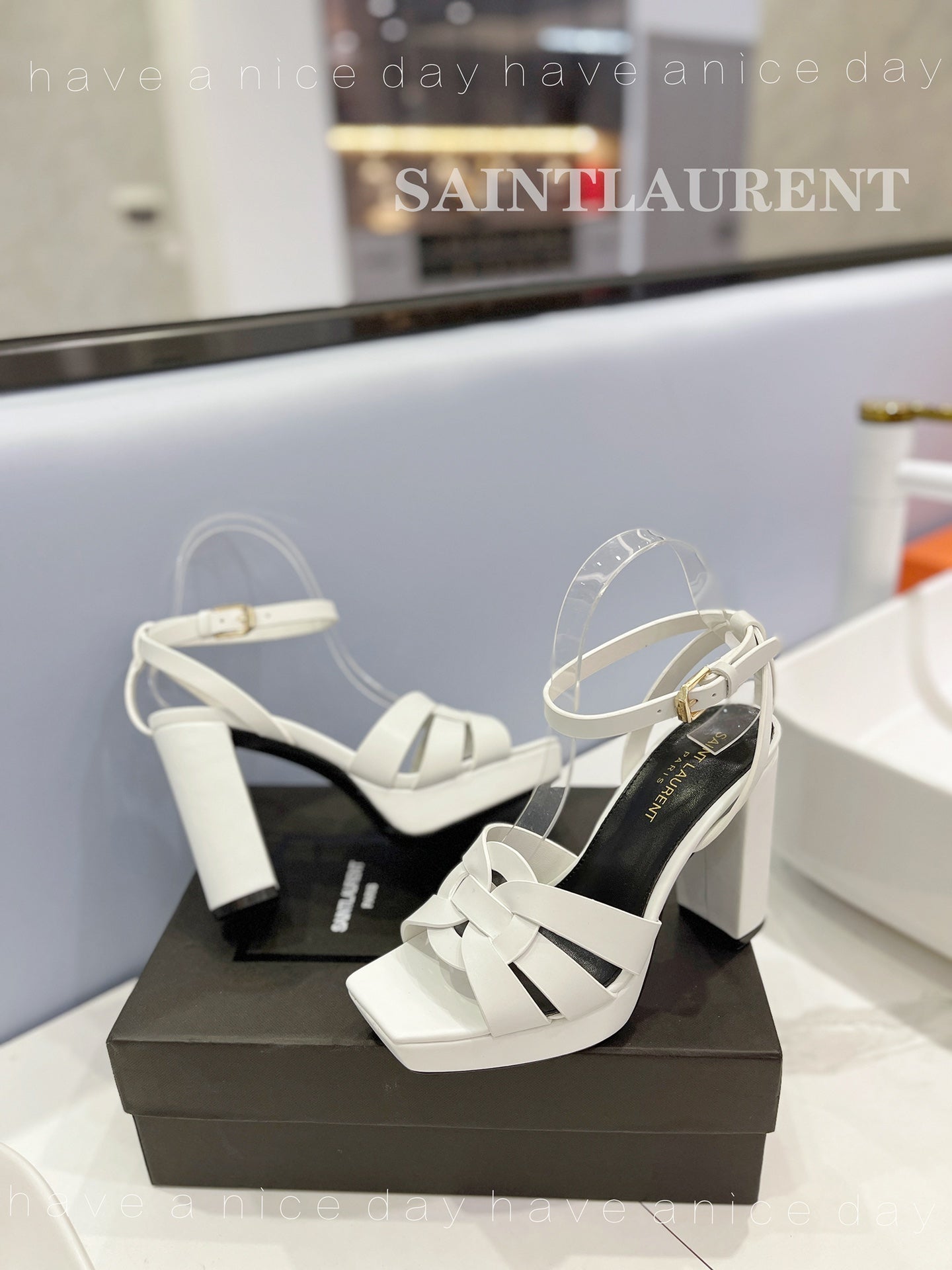 SL TRIBUTE FLATFORM SANDALS WHITE CALFSKIN